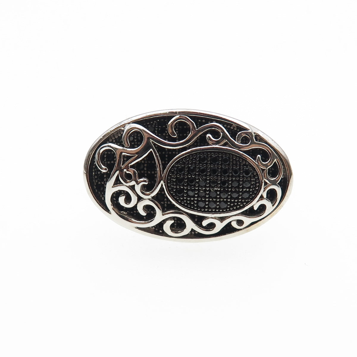 925 Sterling Silver Round-Cut Black C Z Swirl Ring Size 7.5