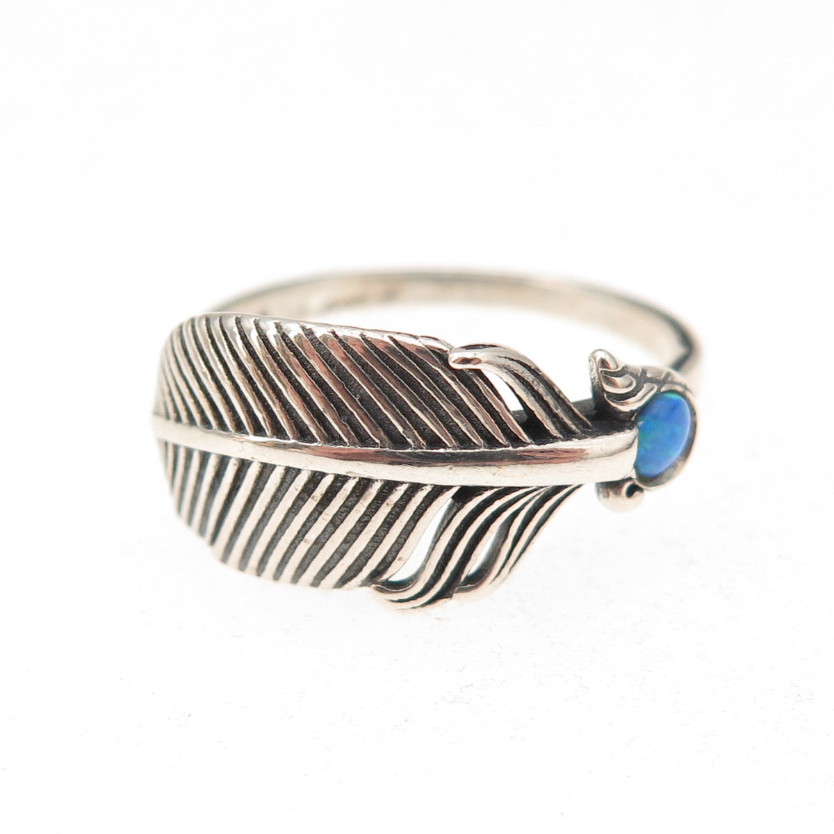 925 Sterling Silver Vintage Real Opal Feather Oxidized Ring Size 7