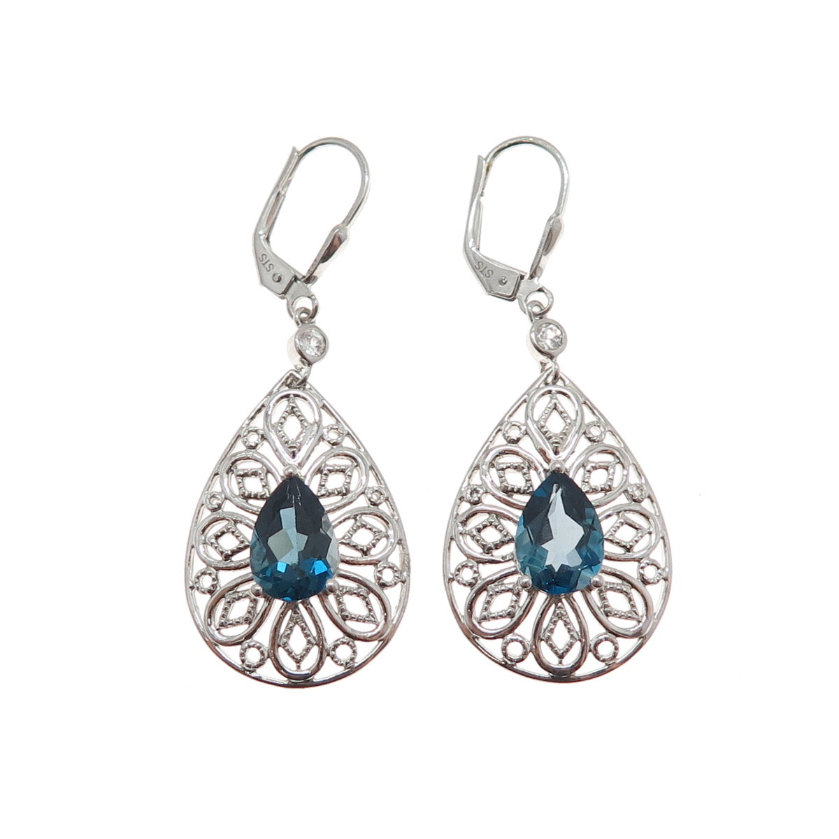 925 Sterling Silver Real London Blue & White Topaz Teardrop Dangle Earrings