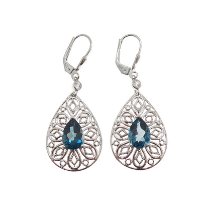 925 Sterling Silver Real London Blue & White Topaz Teardrop Dangle Earrings