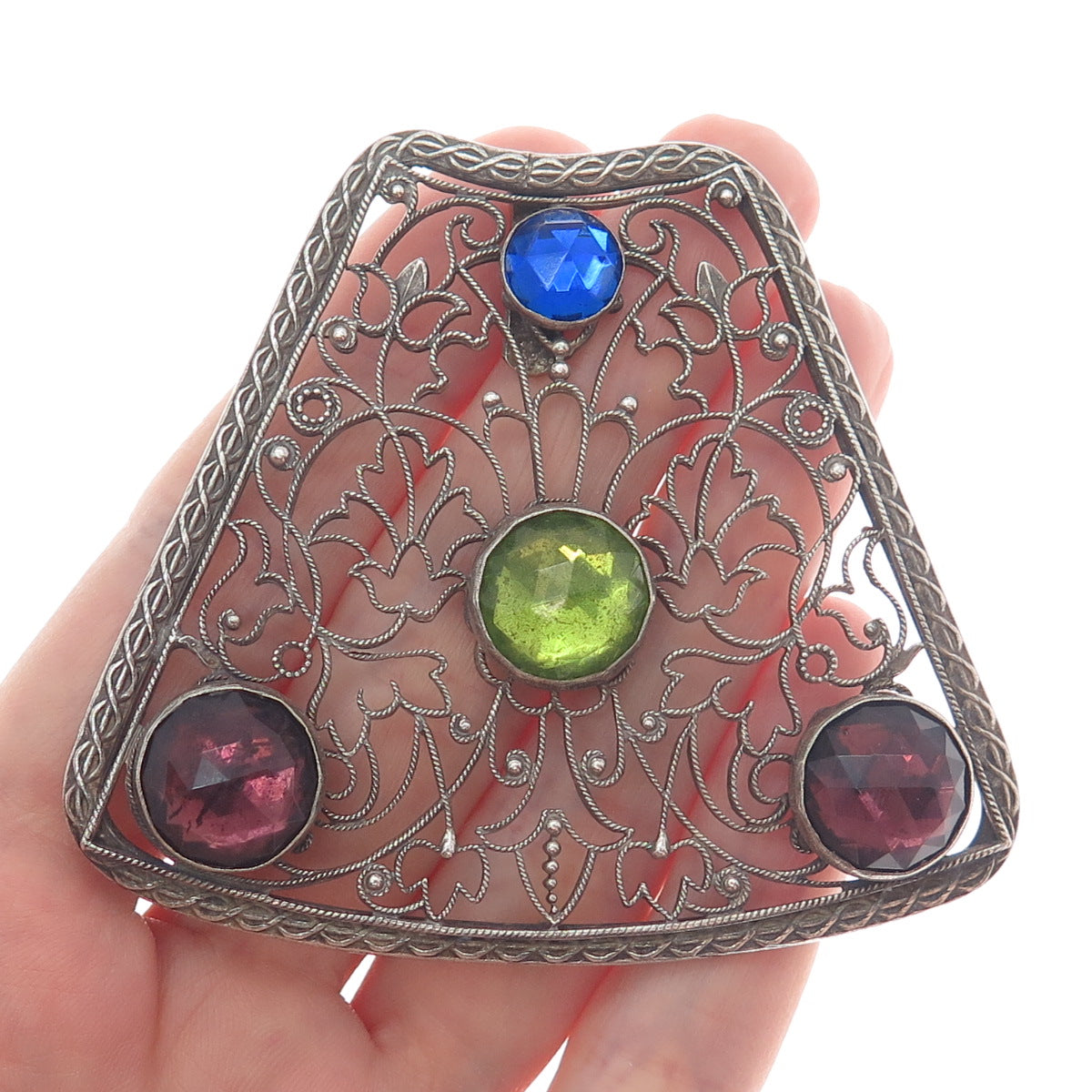 800 Silver Antique Blue Green & Purple Rhinestone Filigree Oxidized Pendant