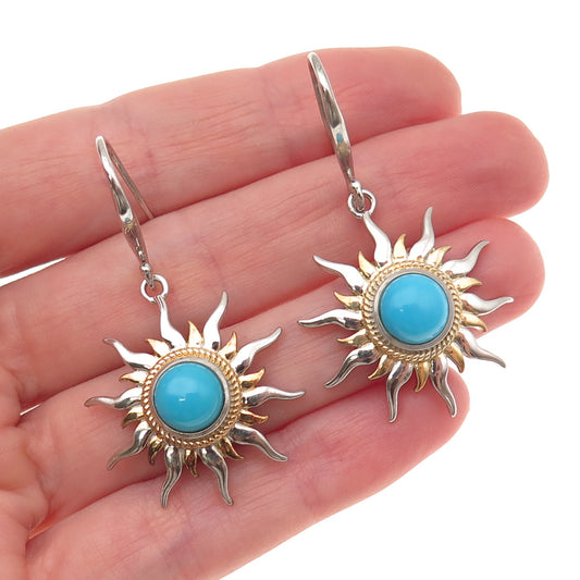 925 Sterling Silver 2-Tone Real Sleeping Beauty Turquoise Sun Dangle Earrings
