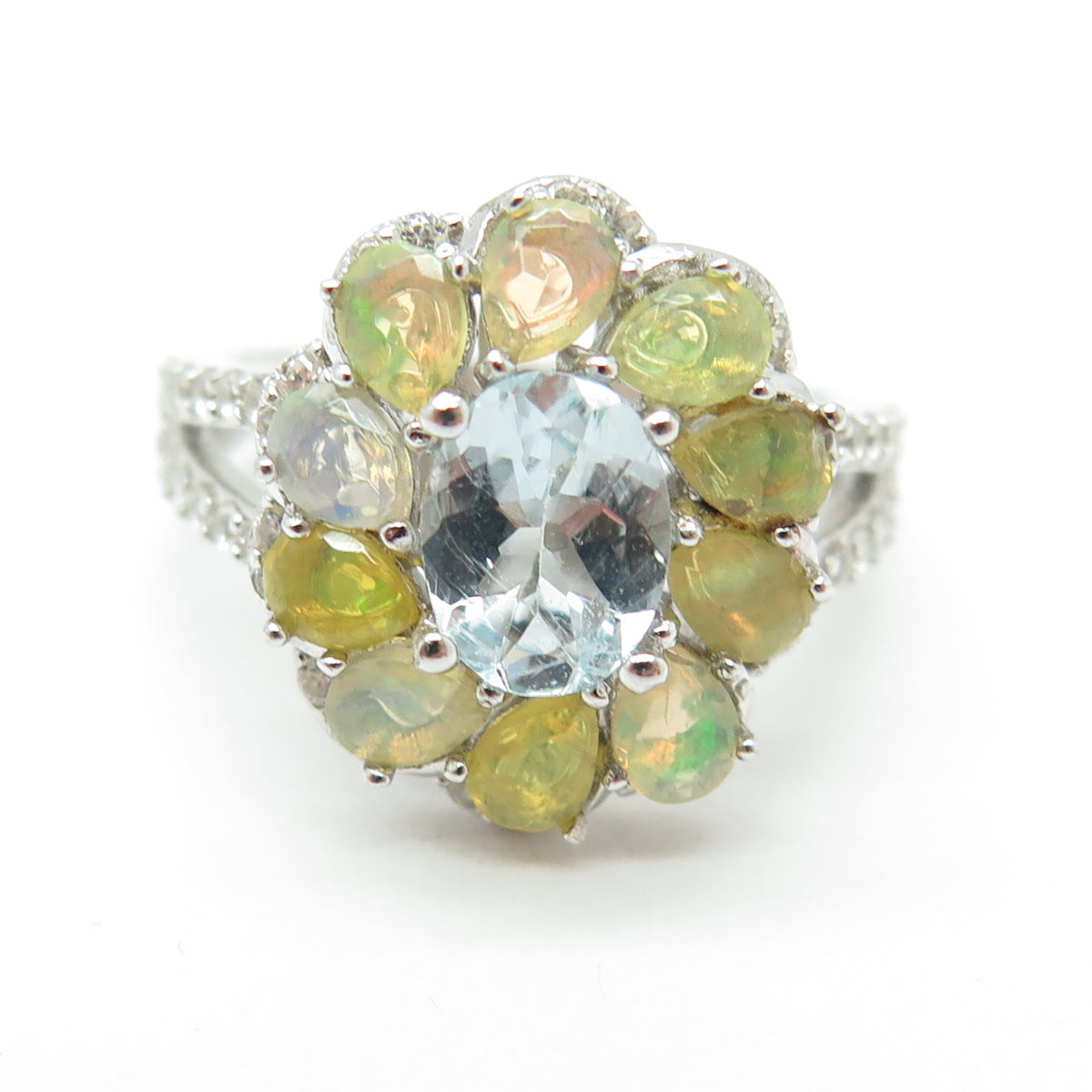 925 Sterling Silver Real Aquamarine Opal & White Topaz Flower Ring Size 7.75