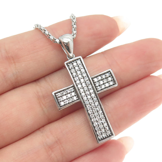 925 Sterling Silver Italy Pave C Z Cross Pendant Popcorn Chain Necklace 16"