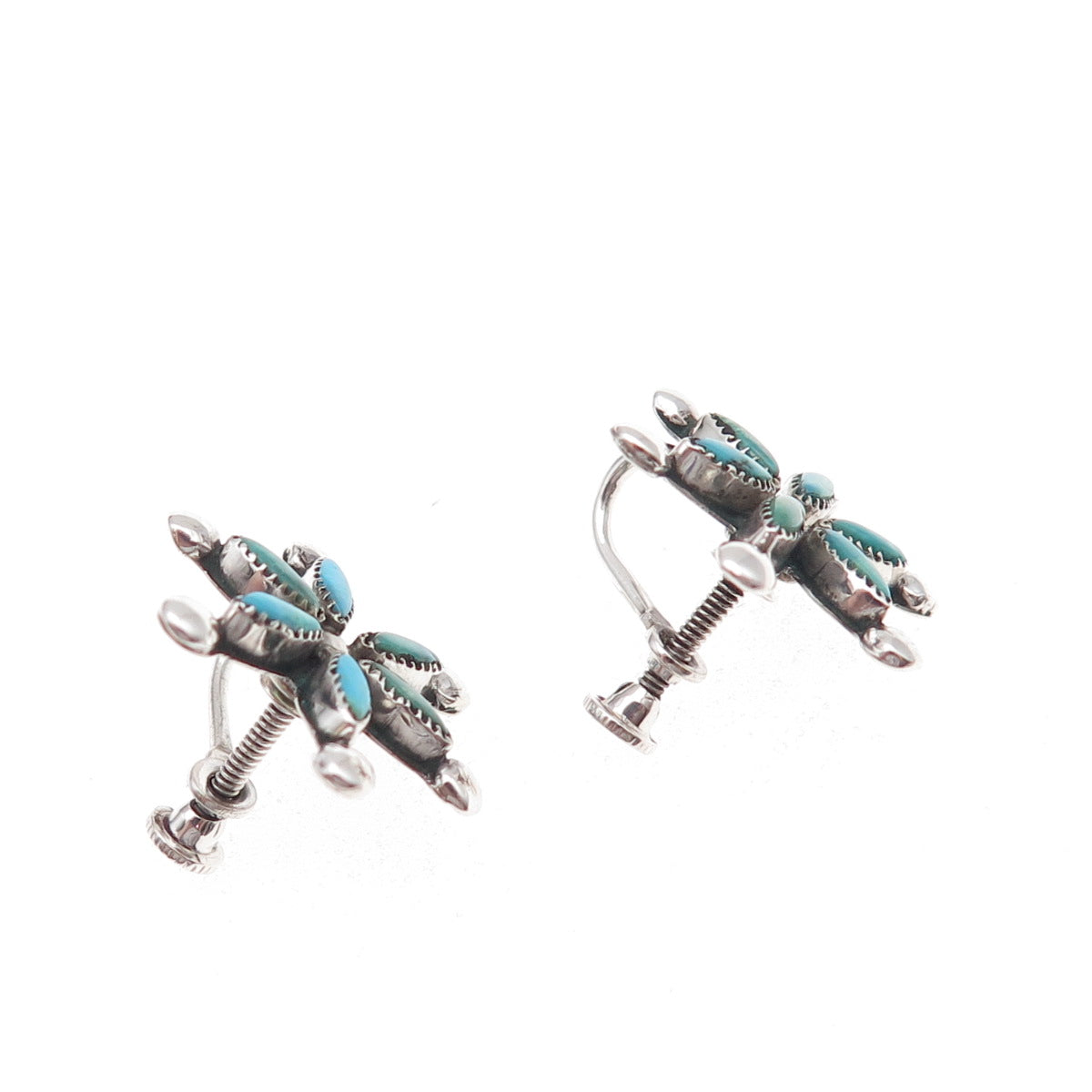 Old Pawn 925 Sterling Silver Vintage Turquoise Floral Tribal Screw Back Earrings