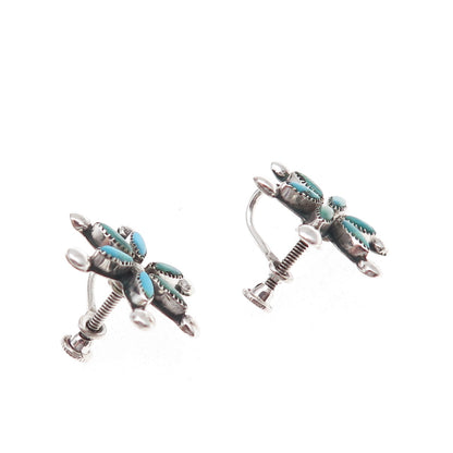 Old Pawn 925 Sterling Silver Vintage Turquoise Floral Tribal Screw Back Earrings