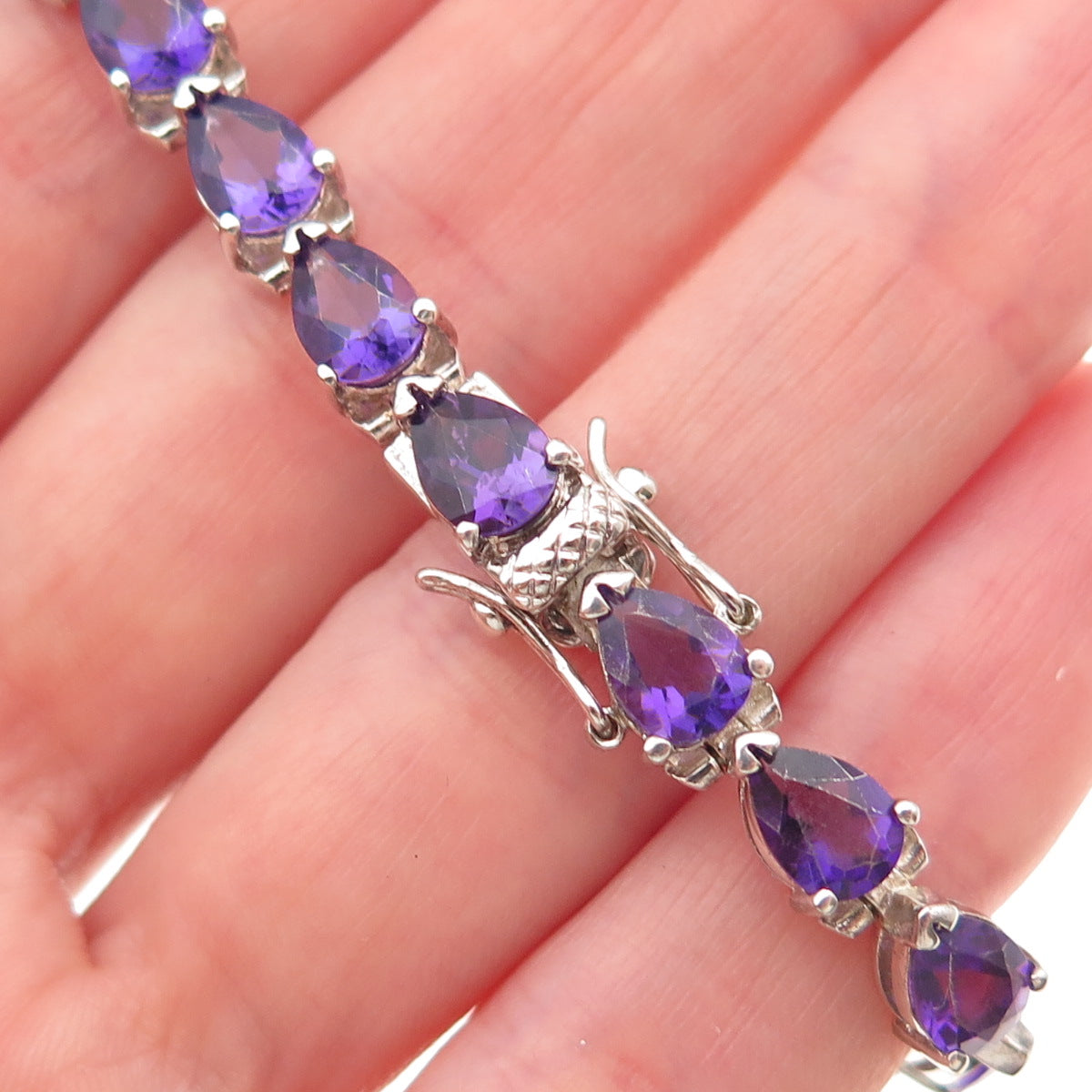 925 Sterling Silver Vintage Real Pear-Cut Amethyst Teardrop Link Bracelet 7"