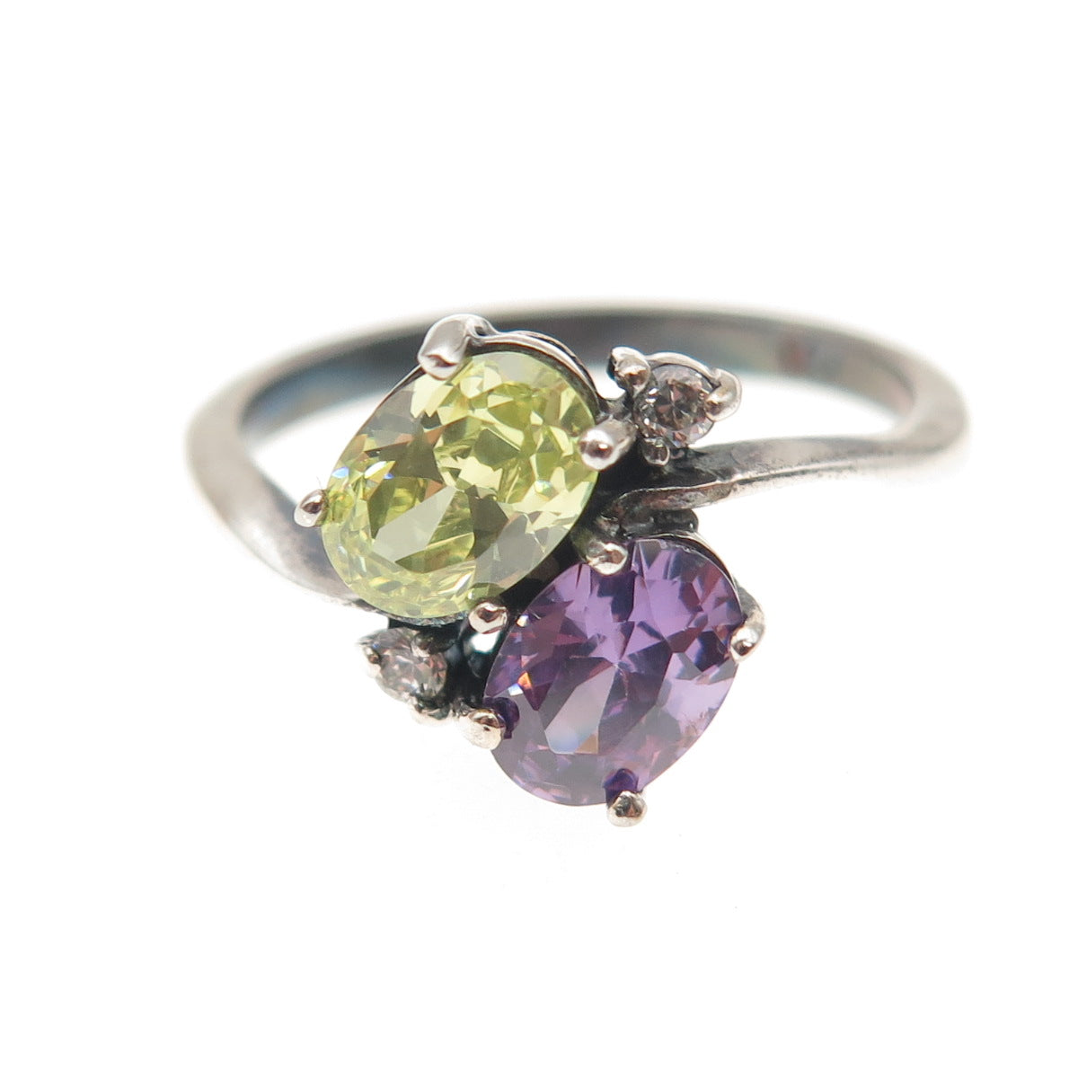 925 Sterling Silver Vintage Green & Purple Oval-Cut C Z Oxidized Ring Size 8