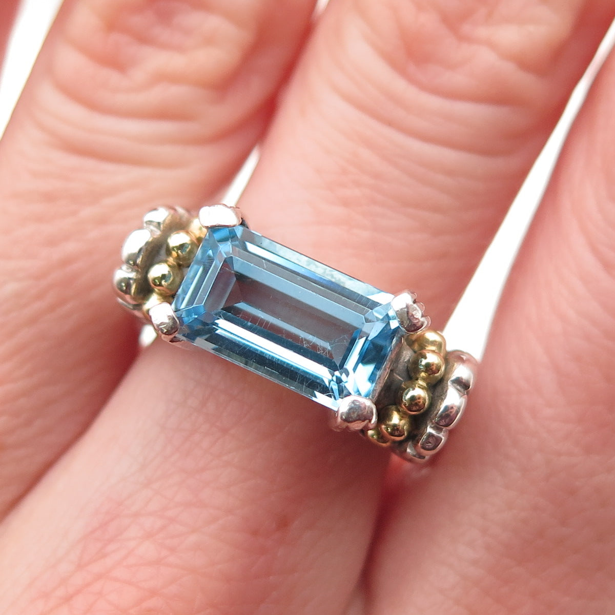 LAGOS Caviar 925 Sterling Silver 18K Gold Vintage Real Blue Topaz Ring Size 8.5