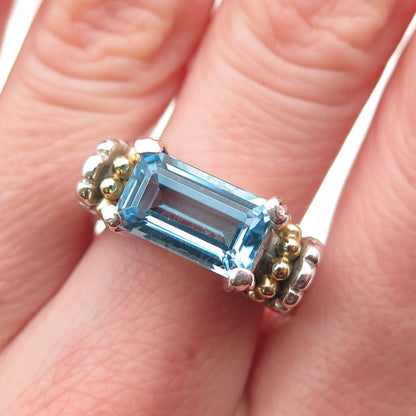 LAGOS Caviar 925 Sterling Silver 18K Gold Vintage Real Blue Topaz Ring Size 8.5