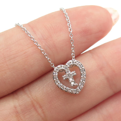 925 Sterling Silver Round-Cut C Z Heart & Cross Cable Chain Necklace 16-18"