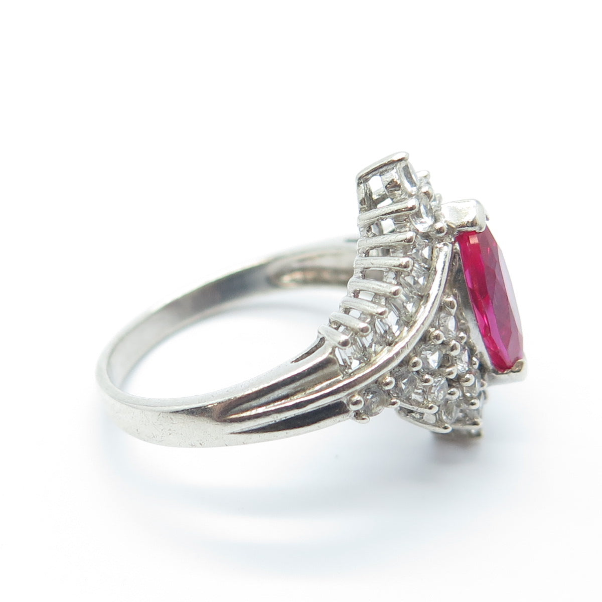 925 Sterling Silver Real White Topaz Gem & Lab-Created Pink Sapphire Ring Size 7