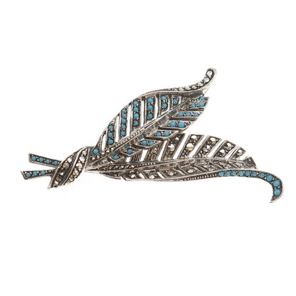 925 Sterling Antique Art Deco Real Marcasite & Blue Rhinestone Floral Pin Brooch