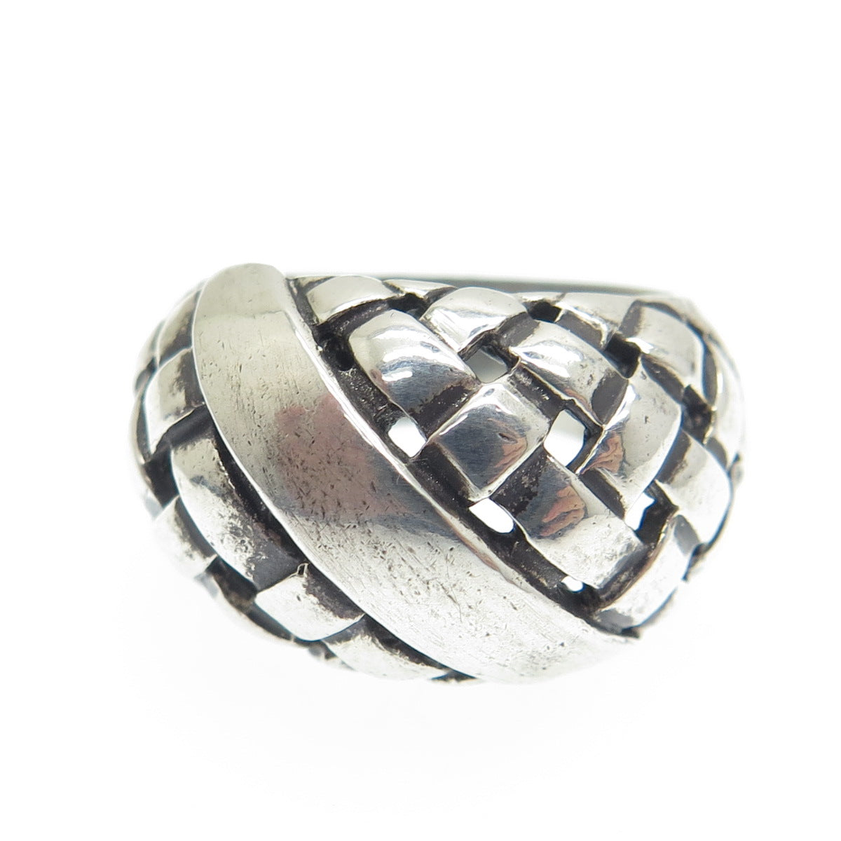 925 Sterling Silver Vintage Wicker Dome Oxidized Ring Size 7