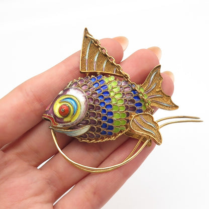 925 Sterling Silver Gold Plated Enamel Antique Chinese Koi Fish Articulated Fob