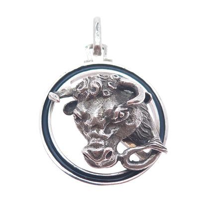 800 Silver Antique Art Deco Italy Enamel Taurus Zodiac Oxidized Charm Pendant
