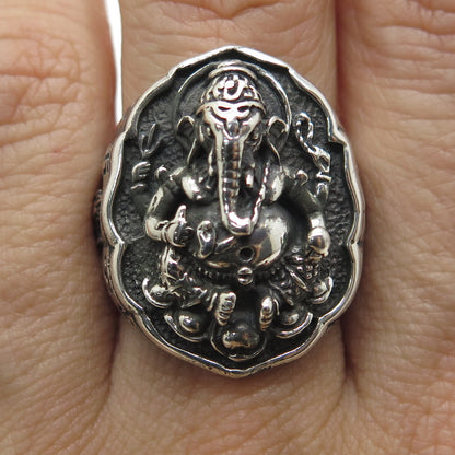 925 Sterling Silver Vintage Ganesha Hindu God Oxidized Dome Ring Size 8