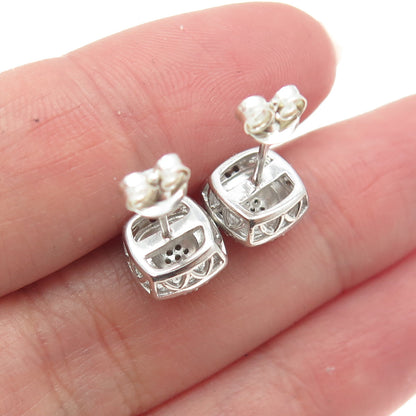 925 Sterling Silver Real Round-Cut Diamond Square Stud Earrings