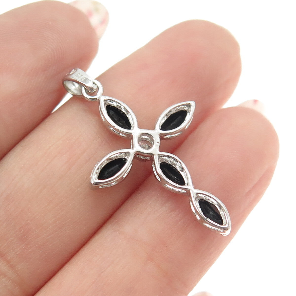 925 Sterling Silver White & Black C Z Cross Pendant