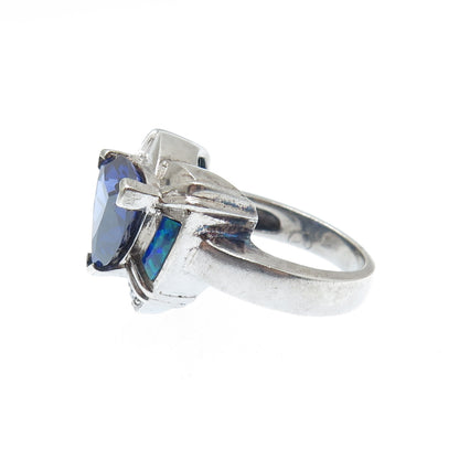 925 Sterling Silver Real Opal Blue & White C Z Heart Ring Size 7.25