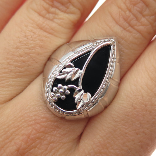 CAROLYN POLLACK Sterling Silver Vintage Black Onyx Grape Floral Ring Size 8.75