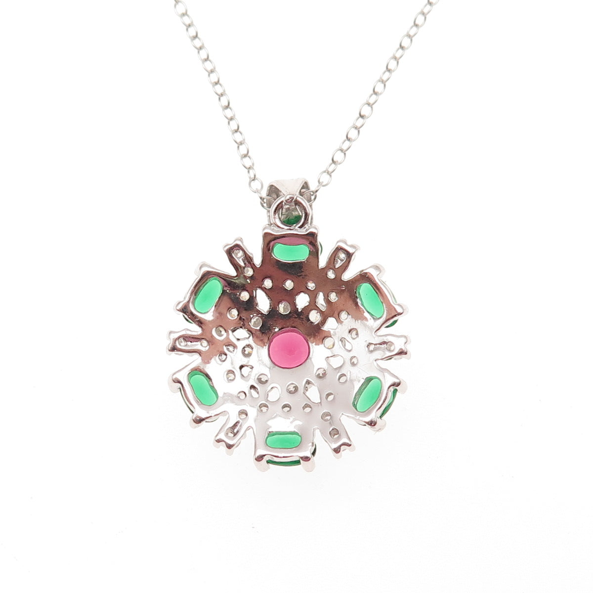 925 Sterling Silver Multi-Color C Z Floral Cable Chain Necklace 18"