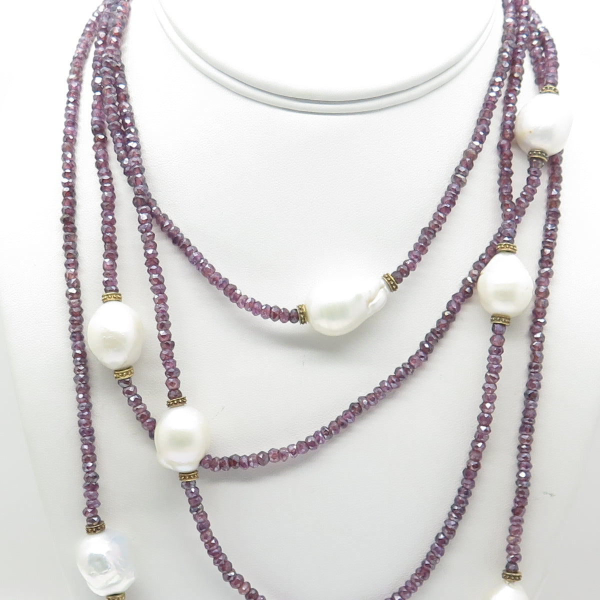 925 Sterling Silver Real Baroque Pearl & Amethyst Long Bead Chain Necklace 72"