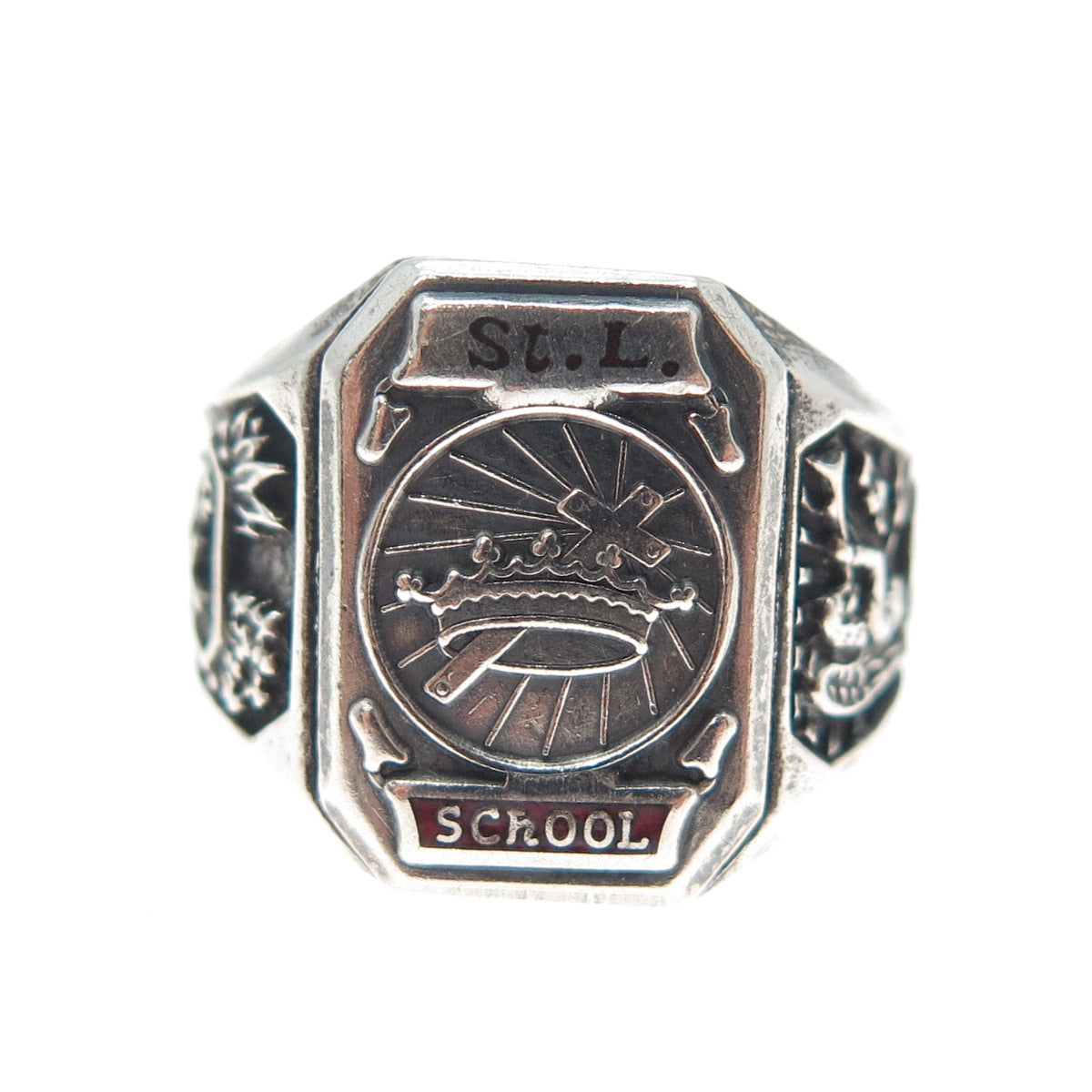 925 Sterling Silver Vintage 1953 Enamel St. Louis School Oxidized Ring Size 6.5