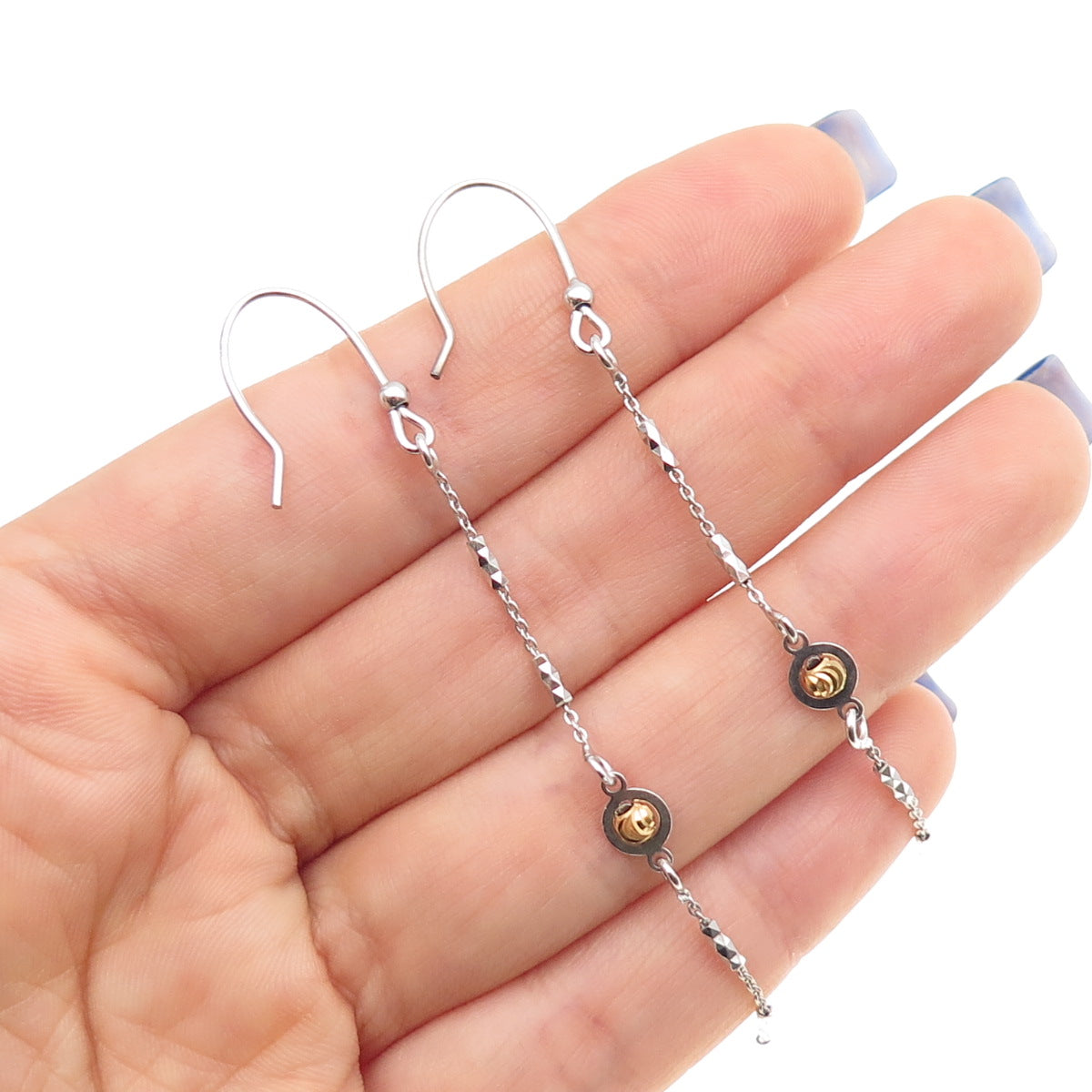 925 Sterling Silver 2-Tone Italy Diamond-Cut Ball Drop Chain Dangle Earrings