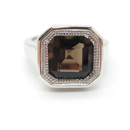 925 Sterling Silver Real Cushion-Cut Smoky Quartz Ring Size 7