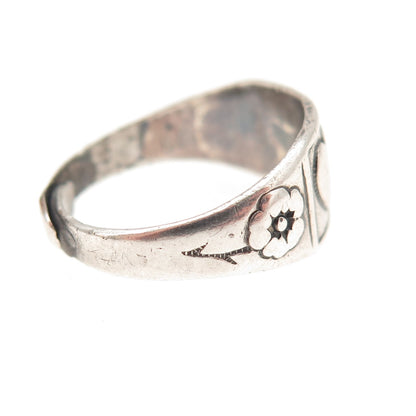 Beau 925 Sterling Antique Art Deco Couple Heart Floral Adjustable Ring Size 6.5