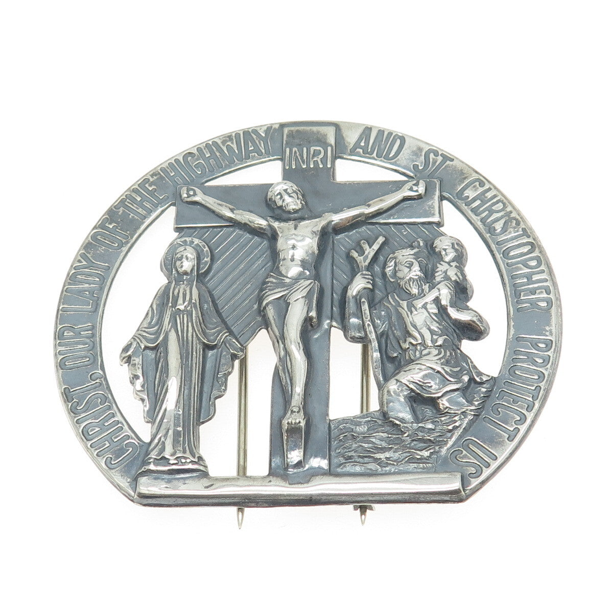 HAYWARD 925 Sterling Silver Antique Crucifix St Mary & Christopher Religious Pin