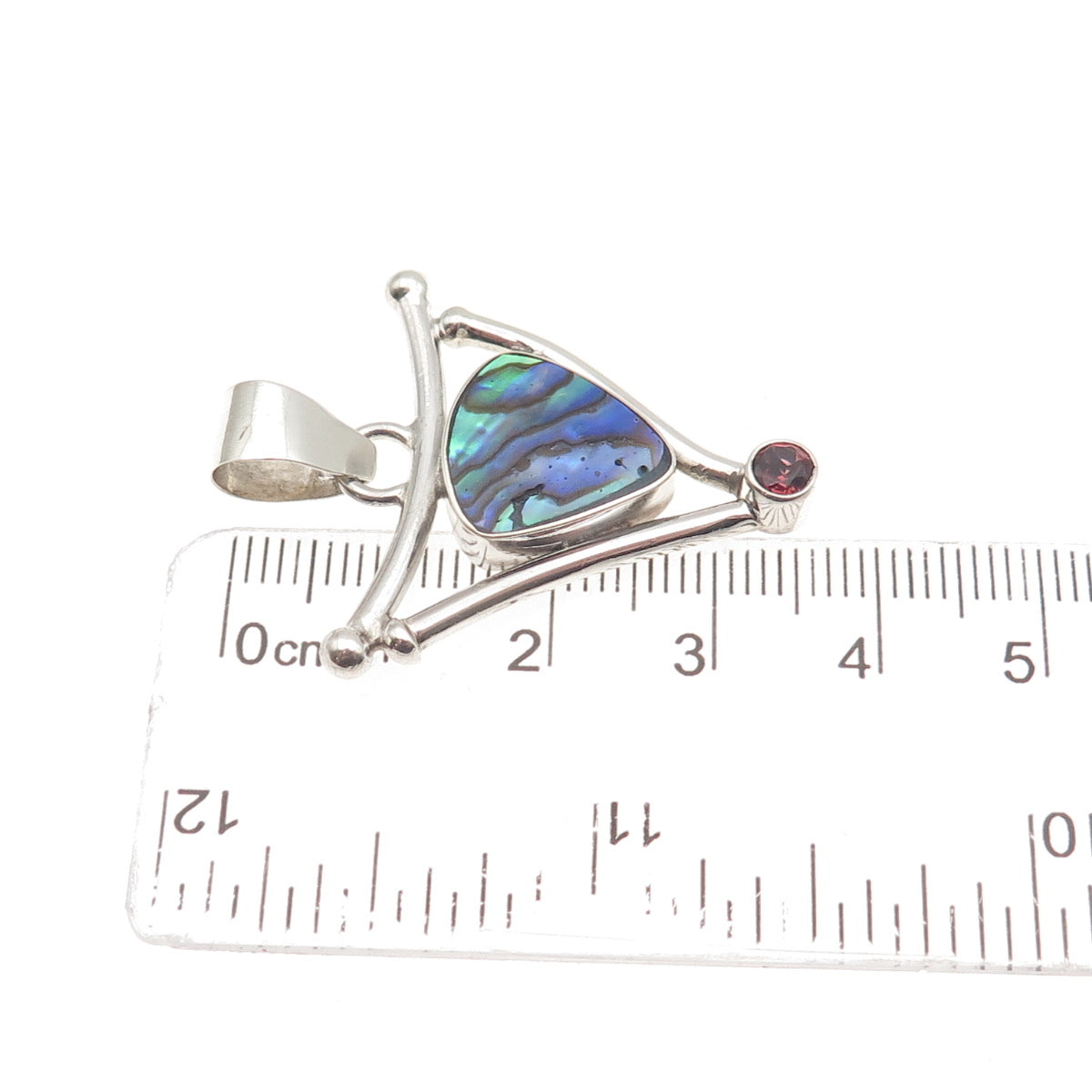 925 Sterling Silver Vintage Real Abalone Shell & Red Garnet Modernist Pendant