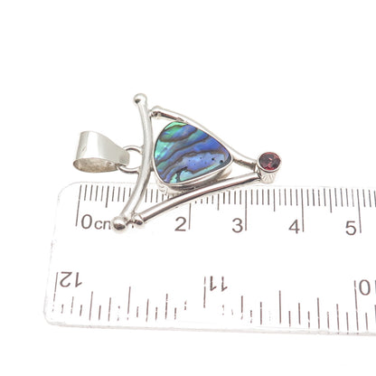 925 Sterling Silver Vintage Real Abalone Shell & Red Garnet Modernist Pendant