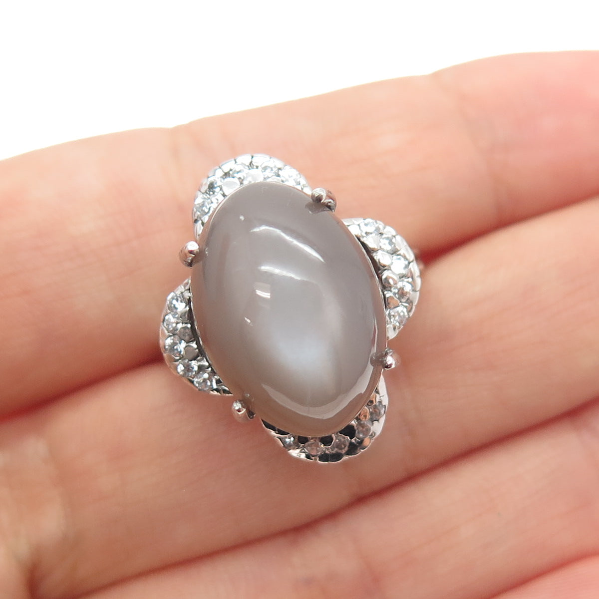 925 Sterling Silver Optic Fiber Cat's Eye & C Z Flower Ring Size 7.25