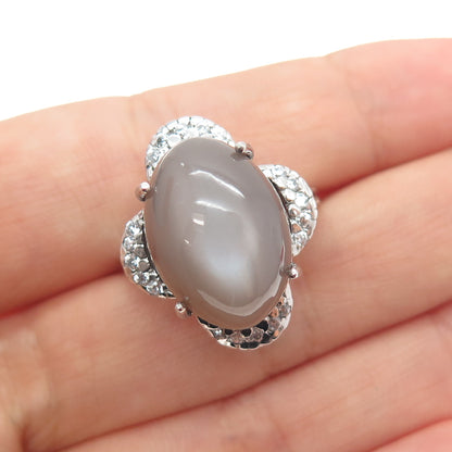 925 Sterling Silver Optic Fiber Cat's Eye & C Z Flower Ring Size 7.25