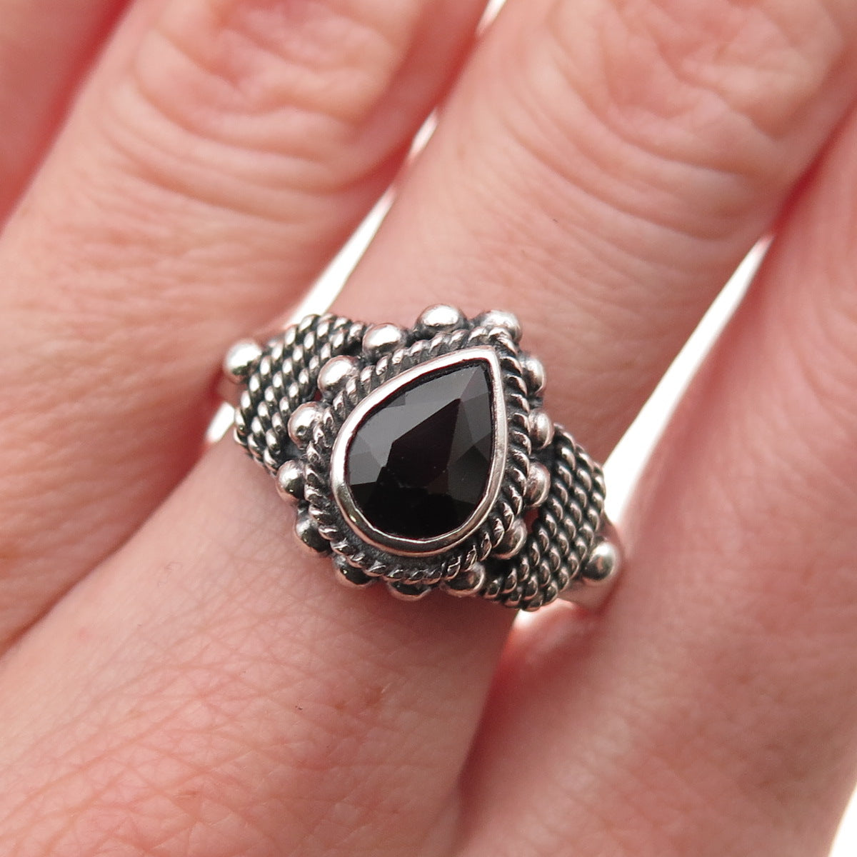925 Sterling Silver Vintage Real Red Garnet Beaded Oxidized Ring Size 9