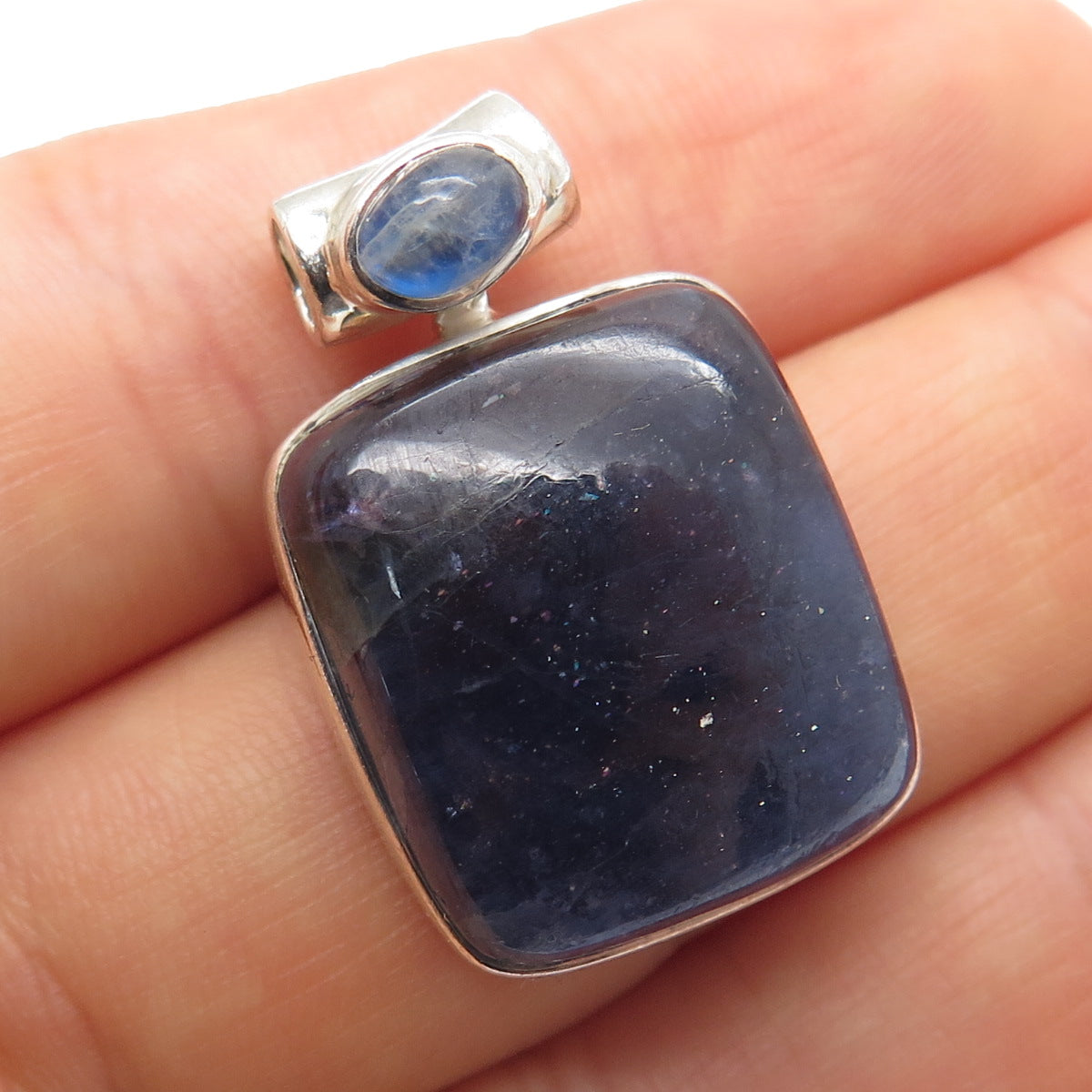 925 Sterling Silver Vintage Real Cabochon Lepidolite & Moonstone Slide Pendant