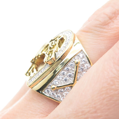 925 Sterling Gold Plated C Z Horse & Horseshoe for Good Luck Wide Ring Size 11.5