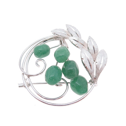 925 Sterling Silver Antique Art Deco Real Aventurine Floral Pin Brooch