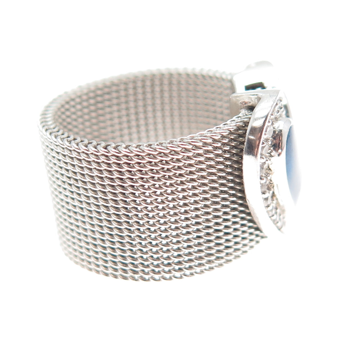 925 Sterling Silver Enamel & Round-Cut C Z Heart Mesh Ring Size 8.25