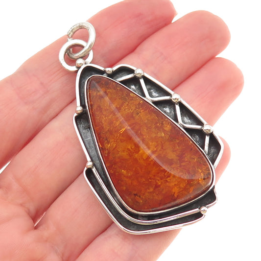 925 Sterling Silver Vintage Real Amber Modernist Oxidized Pendant