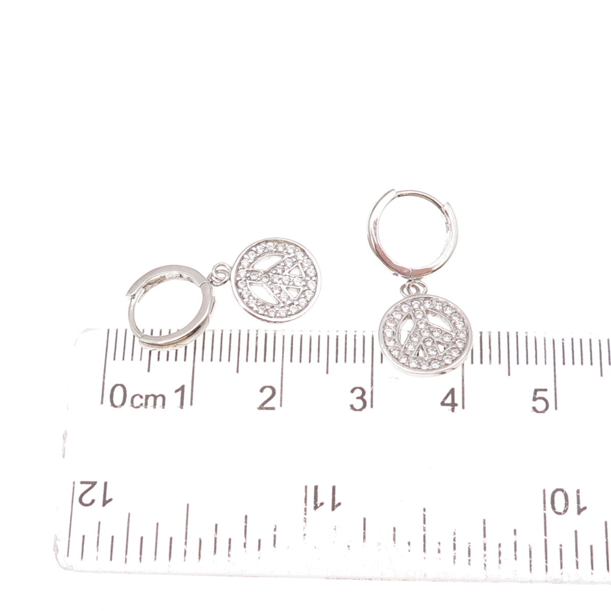 925 Sterling Silver Round-Cut C Z Peace Symbol Dangle Charm Hoop Earrings