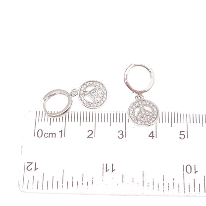 925 Sterling Silver Round-Cut C Z Peace Symbol Dangle Charm Hoop Earrings