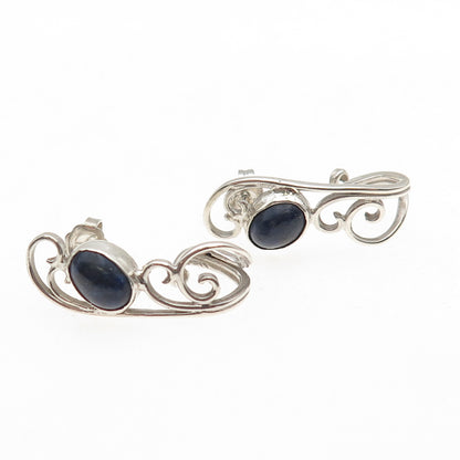 925 Sterling Silver Vintage Real Sodalite Modernist Ornate Claw Earrings