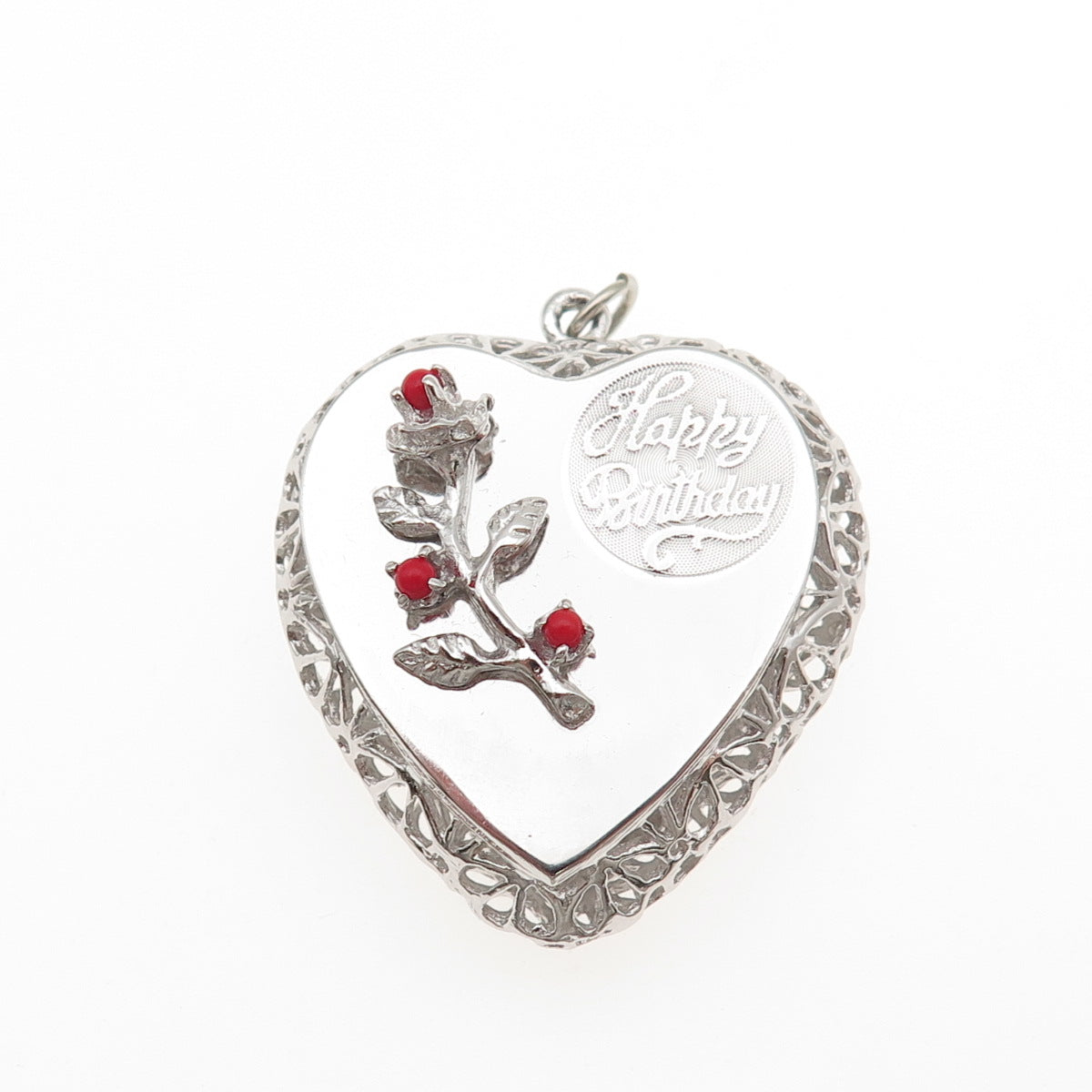 MARK MERCY 925 Sterling Silver Vintage Rhinestone Happy Birthday Heart Pendant