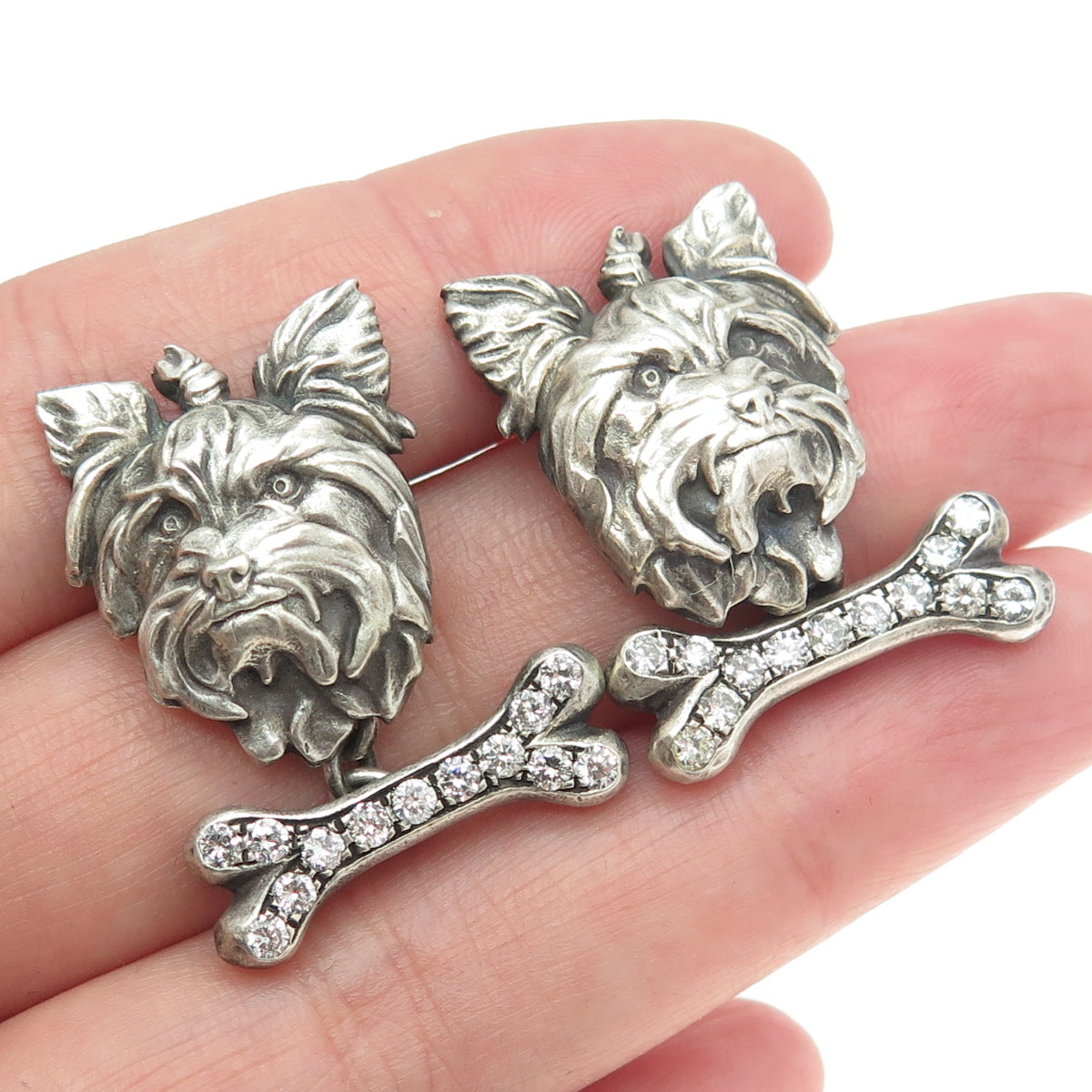 925 Sterling Silver Vintage Real Round-Cut Diamond Yorkshire Terrier Cufflinks