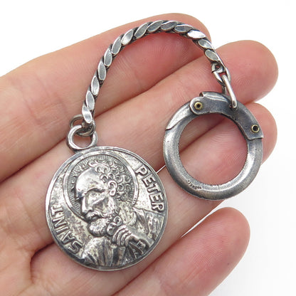 925 Sterling Silver Antique Art Deco St. Peter Emergency OxidizedKey Fob Chain