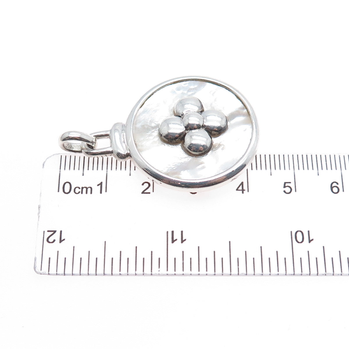 925 Sterling Silver Vintage Real MOP Flower Modernist Disc Pendant