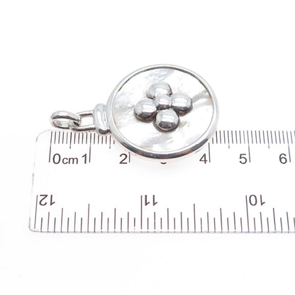 925 Sterling Silver Vintage Real MOP Flower Modernist Disc Pendant